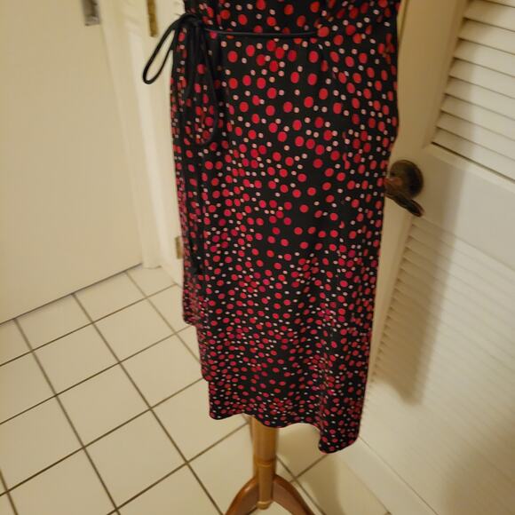 Y2K Polka Dot Stretch Knit Dress Deep V-Neck City Triangles Medium Tie Waist - Picture 5 of 8